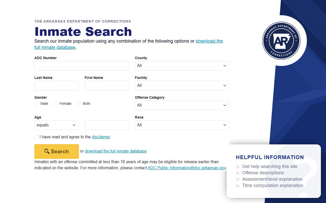 Arkansas DOC inmate search for state photos separate from Sharp County jail mugshots