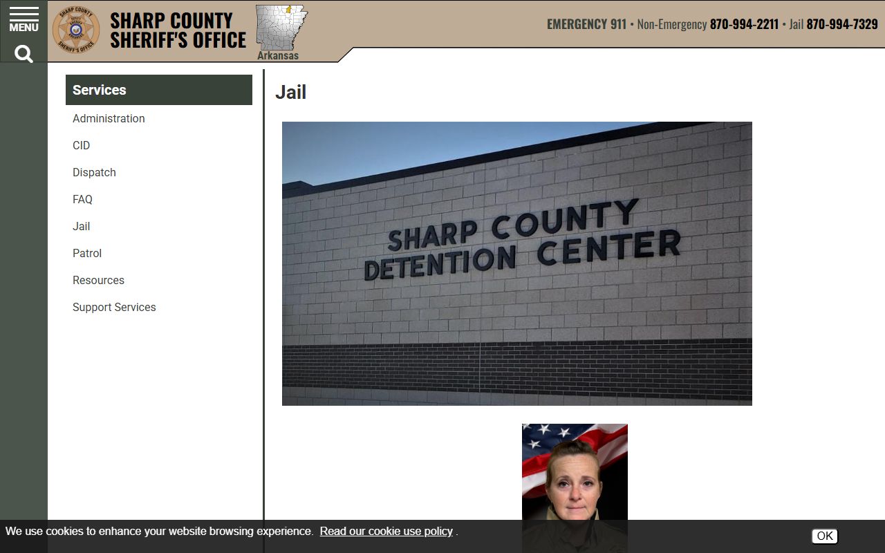 Sharp County Detention Center jail page with inmate lookup and visitation details