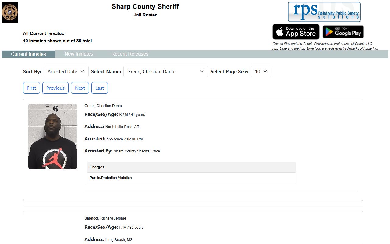 Sharp County inmate population current roster records and booking fields